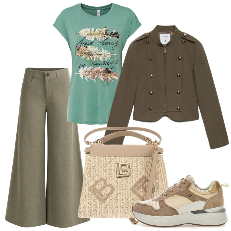 Outfit donna - Visita al museo. Stile Casual per Tutti i giorni. Abbinamento con t-shirt, blazer, pantaloni a palazzo, borse a tracolla, sneakers.