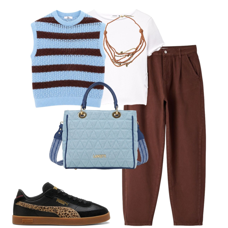 Outfit donna - City. Stile Casual chic per Tutti i giorni. Abbinamento con collane, pantaloni, t-shirt, canottiere, sneakers, borse a tracolla.