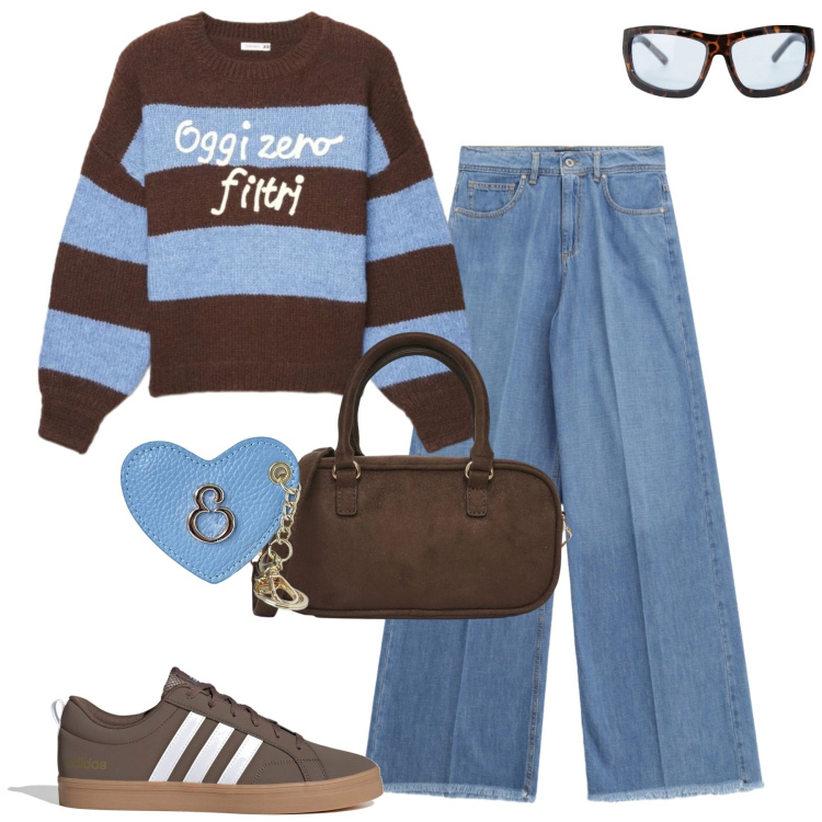 Outfit donna - City. Stile Casual chic per Tutti i giorni. Abbinamento con occhiali da sole, jeans, maglieria, borse a tracolla, portachiavi, sneakers.