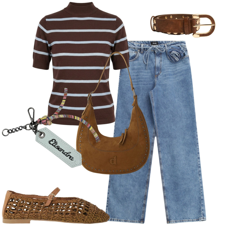 Outfit donna - City. Stile Casual chic per Tutti i giorni. Abbinamento con jeans, borse a spalla, ballerine, portachiavi, cinture, maglieria.