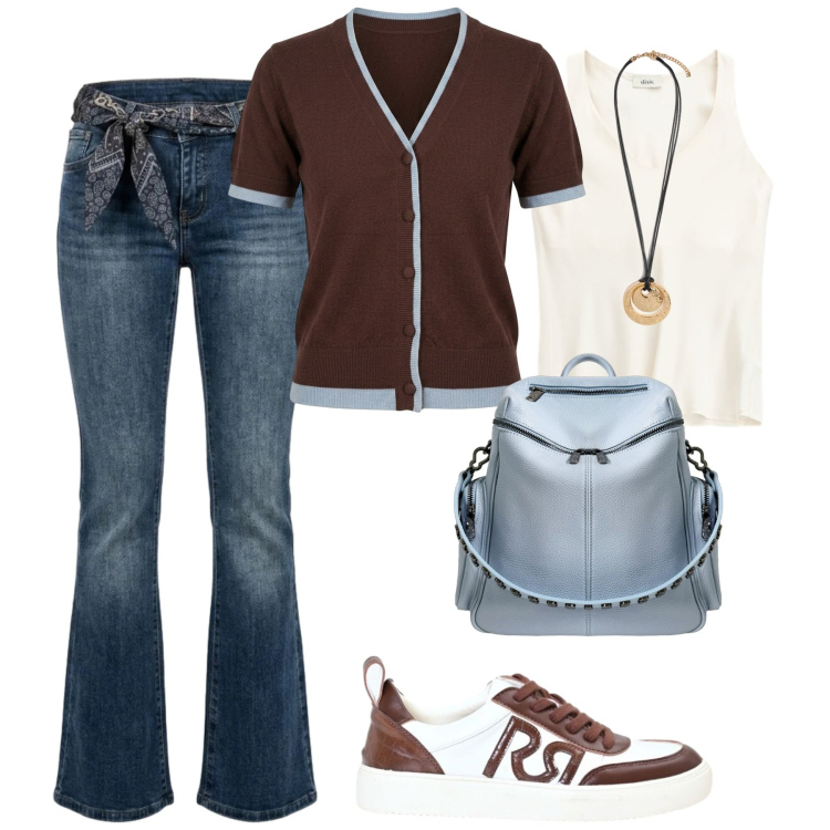 Outfit donna - City. Stile Casual chic per Tutti i giorni. Abbinamento con canottiere, sneakers, ciondoli, zaini, cardigans, jeans bootcut.