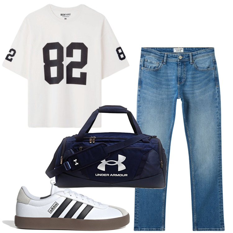 Outfit uomo - City. Stile Casual per Tutti i giorni. Abbinamento con jeans, t-shirt, sneakers, borse sportive.