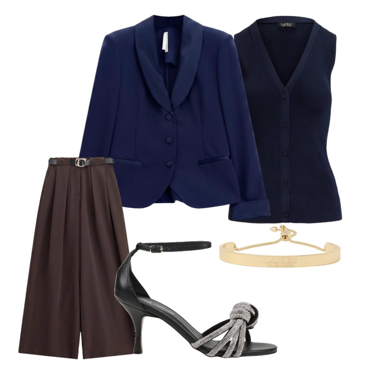 Outfit donna - Cena formale. Stile Mannish per Serata fuori. Abbinamento con sandali in pelle, pantaloni a palazzo, blazer, braccialetti, cardigans.