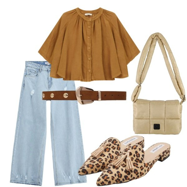 Outfit donna - Serata tra amici. Stile Casual chic per Serata fuori. Abbinamento con camicie, sabot, cinture, tute, borse a spalla.