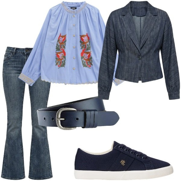 Outfit donna - Autunno. Stile Casual chic per Tutti i giorni. Abbinamento con cinture, camicie, jeans, blazer, sneakers.