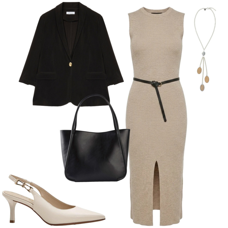 Outfit donna - Settembre. Stile Urban per Tutti i giorni. Abbinamento con shopping bag, décolleté, collane, blazer, vestiti midi/longuette.