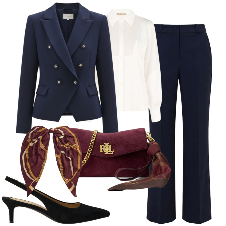Outfit donna - Old money. Stile Chic per Tutti i giorni. Abbinamento con blazer, camicie, pantaloni, décolleté, borse a tracolla, foulard.