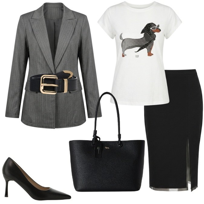 Outfit donna - Smart-Ufficio Formale. Stile Casual per Ufficio. Abbinamento con shopping bag, décolleté, gonne longuette, t-shirt, cinture, blazer.
