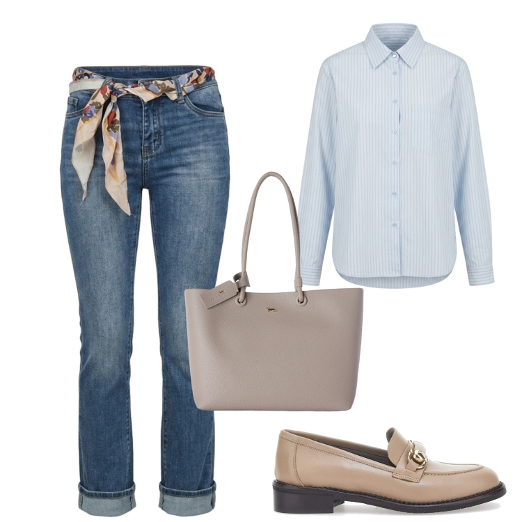 Outfit donna - City. Stile Casual chic per Tutti i giorni. Abbinamento con shopping bag, camicie, jeans, mocassini.