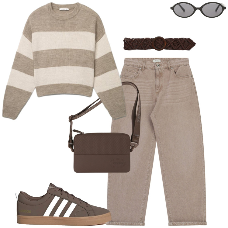 Outfit donna - City. Stile Casual chic per Tutti i giorni. Abbinamento con maglieria, cinture, occhiali da sole, jeans, sneakers, clutch.