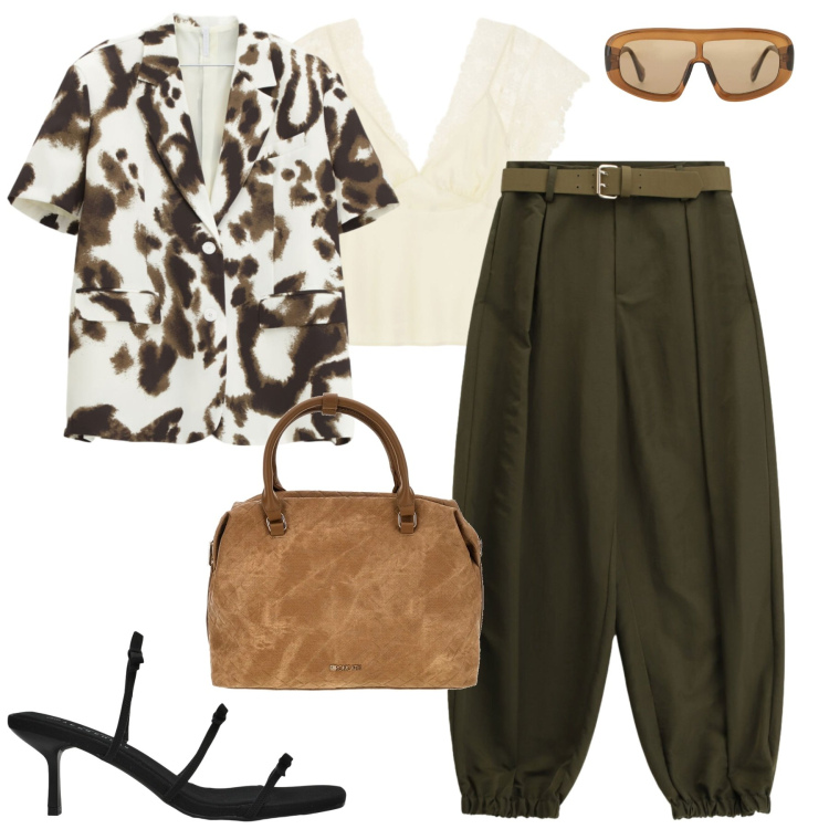 Outfit donna - Settembre. Stile Casual chic per Tutti i giorni. Abbinamento con sandali col tacco, occhiali da sole, pantaloni, blazer, canottiere, borse a tracolla.