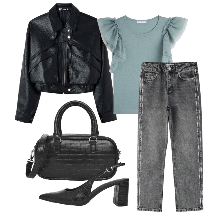 Outfit donna - Settembre. Stile Trendy per Tutti i giorni. Abbinamento con t-shirt, bomber, décolleté, borse a tracolla, jeans mom.