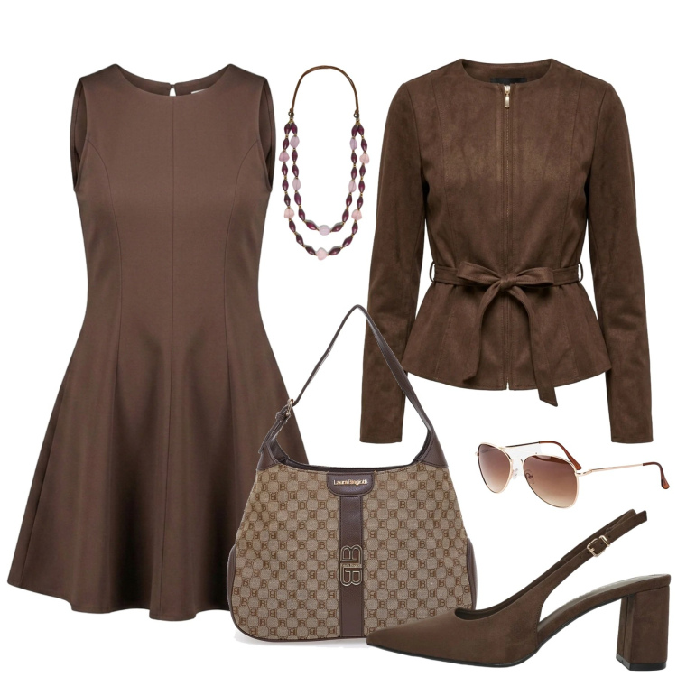 Outfit donna - Cioccolato trendy. Stile Chic per Tutti i giorni. Abbinamento con occhiali da sole, décolleté, collane, vestiti corti, blazer, borse a spalla.