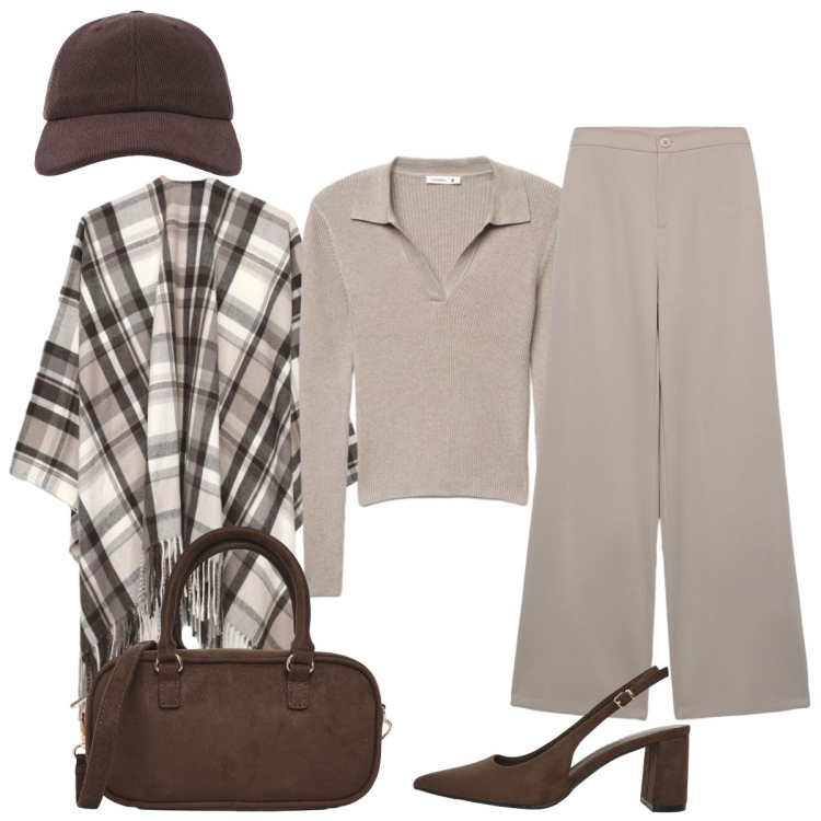 Outfit donna - “ La mantella “ ricordo degli anni 90. Stile Chic per Tutti i giorni. Abbinamento con cappe, pantaloni a palazzo, maglieria, borse a tracolla, décolleté, cappelli con visiera.