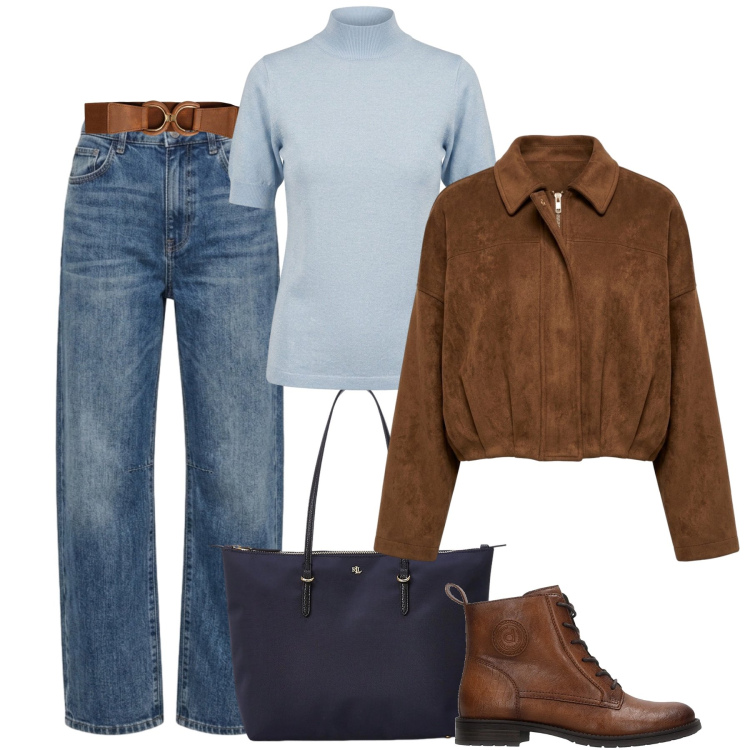 Outfit donna - Nuova stagione. Stile Casual per Tutti i giorni. Abbinamento con jeans, maglieria, cinture, blazer, borse tote, anfibi.