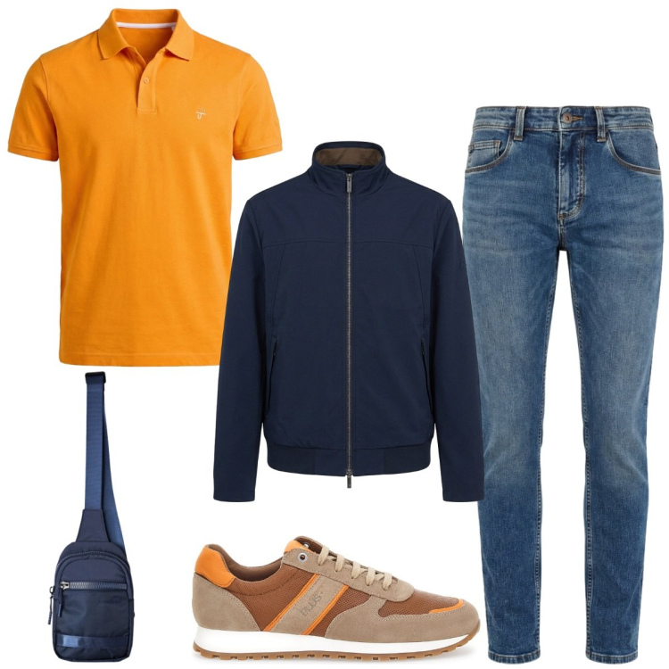 Outfit uomo - Giubbino leggero meze stagioni. Stile Casual per Tutti i giorni. Abbinamento con jeans slim fit, bomber, polo, borse sportive, sneakers.