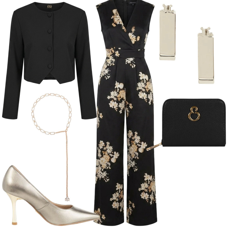 Outfit donna - La tuta elegante. Stile Chic per Cerimonia. Abbinamento con blazer, décolleté, cinture, portafogli, tute, orecchini.