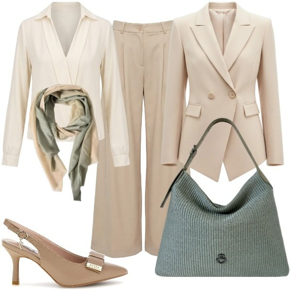 Outfit donna - Total look #2464423. Stile Chic per Ufficio. Abbinamento con pantaloni, bluse, blazer, borse a spalla, foulard, décolleté.