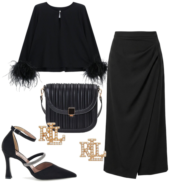 Outfit donna - Serata. Stile Chic per Serata fuori. Abbinamento con bluse, borse a tracolla, gonne lunghe, orecchini, décolleté.