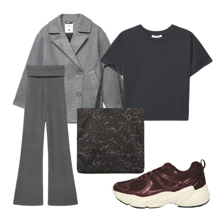 Outfit donna - Toni grigi. Stile Minimal per Ufficio. Abbinamento con shopping bag, t-shirt, sneakers, leggings, caban.