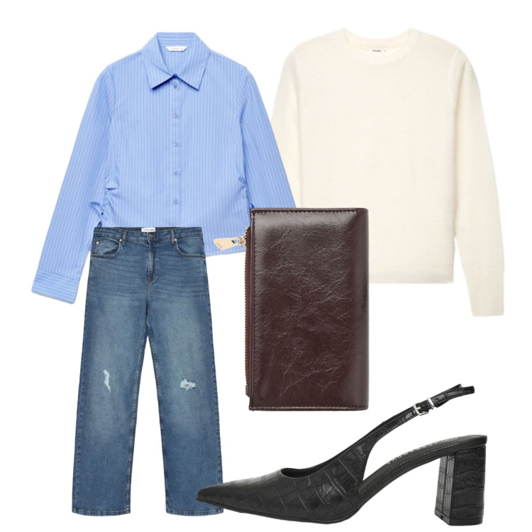 Outfit donna - Reality is calling. Stile Basic per Ufficio. Abbinamento con portafogli, décolleté, jeans strappati, camicie, maglieria.