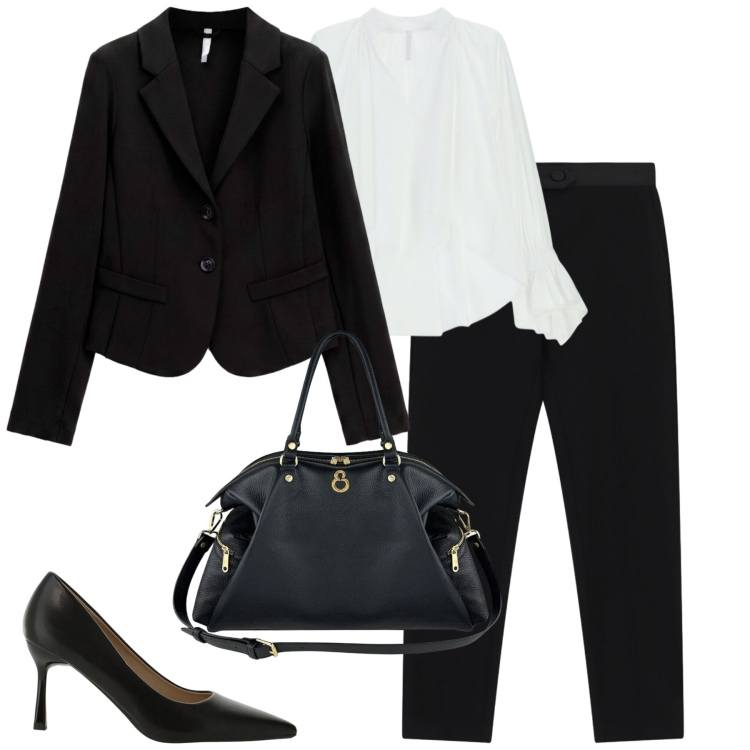Outfit donna - In ufficio. Stile Chic per Ufficio. Abbinamento con camicie, blazer, décolleté, pantaloni, shopping bag.