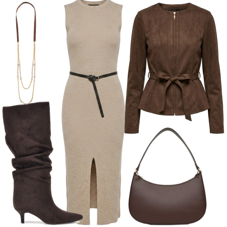 Outfit donna - Dolce autunno. Stile Chic per Serata fuori. Abbinamento con borse a tracolla, collane, vestiti midi/longuette, blazer, stivali sopra il ginocchio.