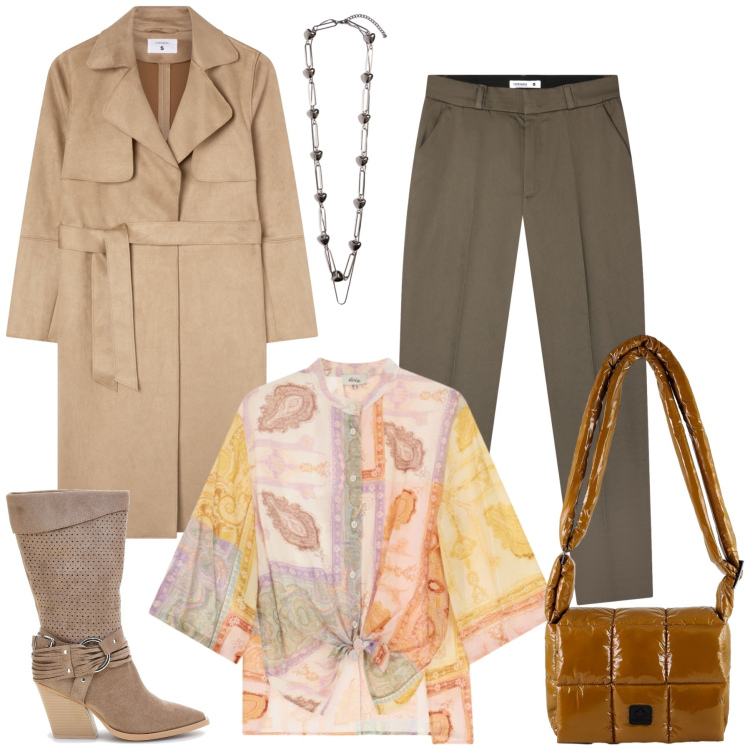 Outfit donna - Total look #2464437. Stile Casual chic per Tutti i giorni. Abbinamento con camicie, pantaloni chino, trench, collane, borse a spalla, stivaletti texani.
