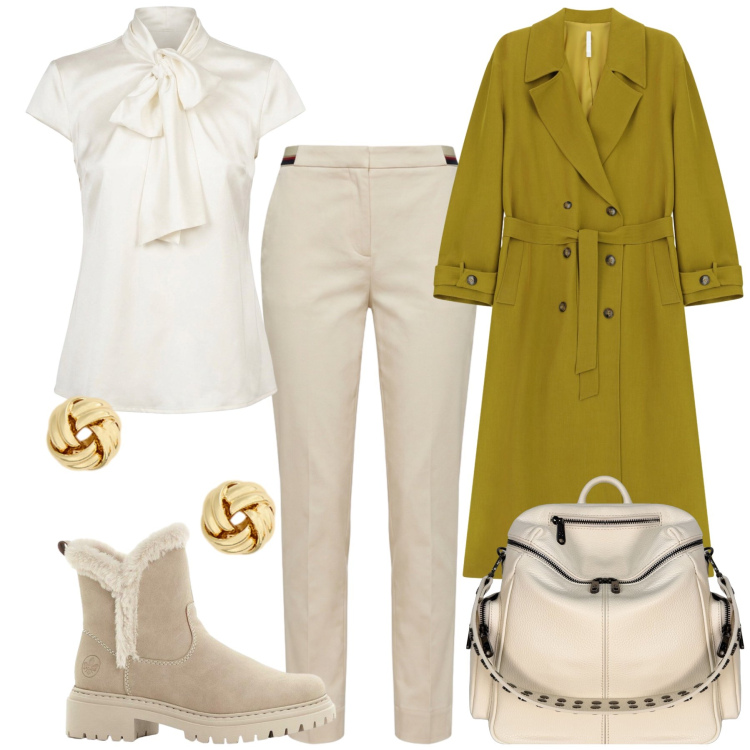 Outfit donna - Total look #2464438. Stile Casual chic per Tutti i giorni. Abbinamento con stivaletti, pantaloni chino, trench, zaini, camicie, orecchini.