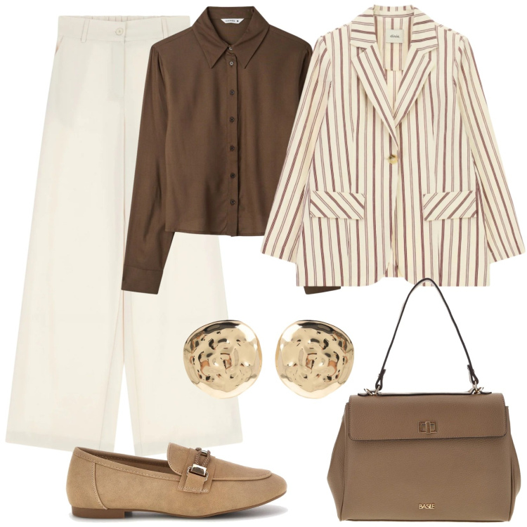 Outfit donna - Chic in ufficio. Stile Chic per Ufficio. Abbinamento con pantaloni a palazzo, blazer, orecchini, camicie, mocassini, borse a tracolla.