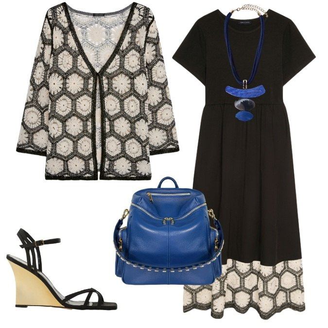 Outfit donna - Un pomeriggio in città. Stile Trendy per Tutti i giorni. Abbinamento con sandali col tacco, vestiti lunghi, cardigans, ciondoli, zaini.