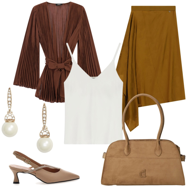 Outfit donna - Total look #2464454. Stile Glamour per Ufficio. Abbinamento con gonne longuette, borse a spalla, kimono, top, orecchini, décolleté.