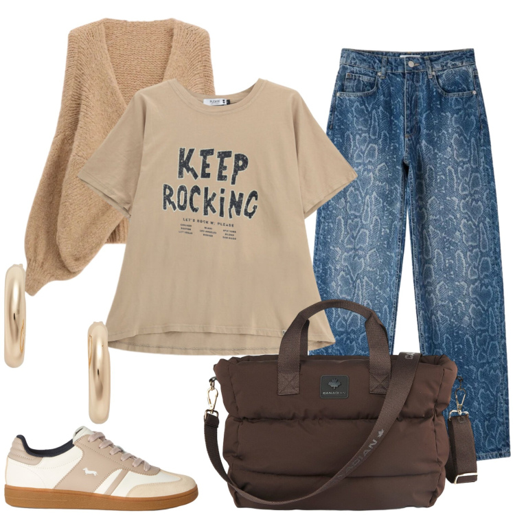 Outfit donna - Total look #2464456. Stile Casual chic per Tutti i giorni. Abbinamento con sneakers, jeans dritti, cardigans, t-shirt, borse tote, orecchini.