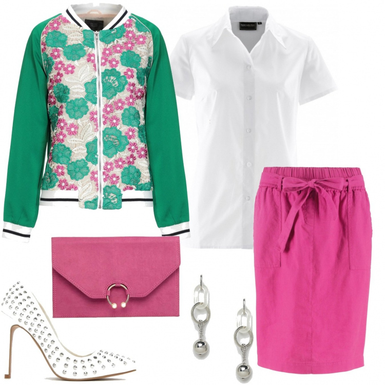 Outfit donna - Bomber in pizzo e borsa col "piercing". Stile Urban per Serata fuori. Abbinamento con camicie a manica corta, gonna con cintura, giubbotto con pizzo fantasia floreale collo tondo a maniche lunghe con zip interno foderato crêpe, scarpe con borchie a punta in denim, pochette con anello e zip in denim con perle e tasca interna, orecchini argento.