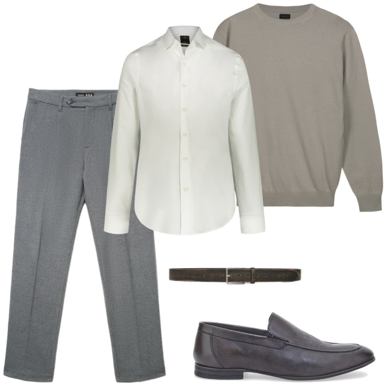 Outfit uomo - Total look #2464470. Stile Business/Elegante per Ufficio. Abbinamento con cinture, pantaloni, camicie, maglieria, scarpe stringate.