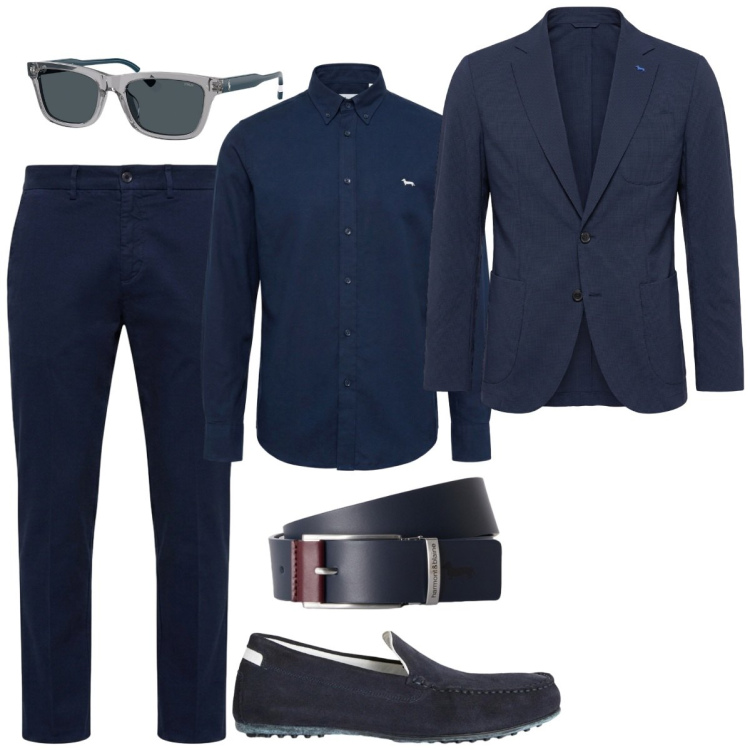 Outfit uomo - Total look #2464473. Stile Casual per Ufficio. Abbinamento con camicie, pantaloni chino, giacche, scarpe stringate, cinture, occhiali da sole.