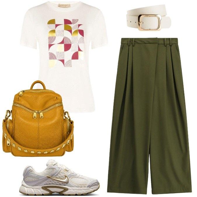 Outfit donna - Lo zaino Curry. Stile Trendy per Tutti i giorni. Abbinamento con cinture, t-shirt, pantaloni a palazzo, zaini, sneakers.