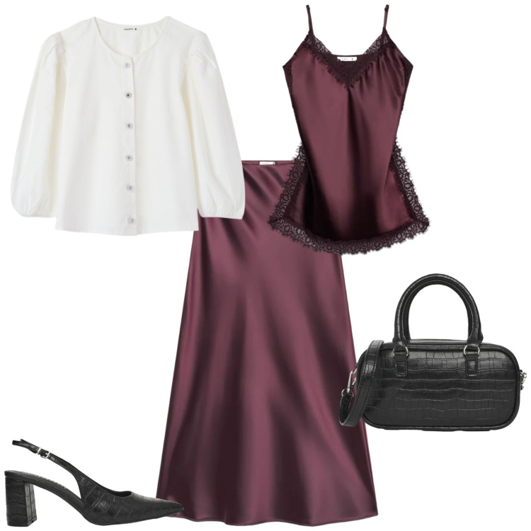 Outfit donna - Chic serata evento. Stile Chic per Serata fuori. Abbinamento con gonne lunghe, top, décolleté, borse a tracolla, bluse.