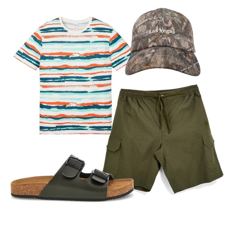 Outfit uomo - Total look #2464481. Stile Casual per Tutti i giorni. Abbinamento con t-shirt, cappelli con visiera, bermuda, sandali.