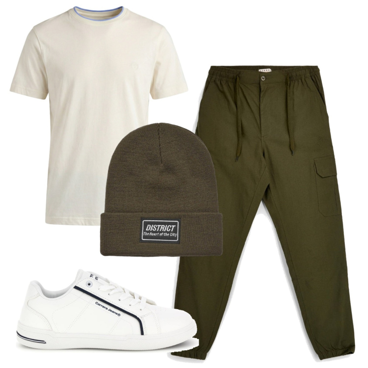 Outfit uomo - Total look #2464483. Stile Urban per Tutti i giorni. Abbinamento con t-shirt, berretti, pantaloni cargo, sneakers.