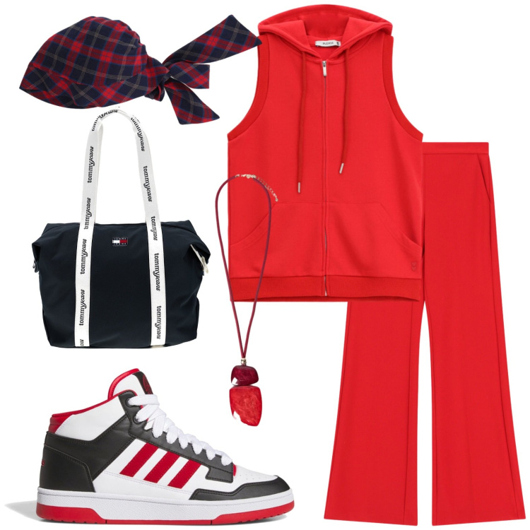 Outfit donna - Sporty in red. Stile Sporty chic per Sport. Abbinamento con pantaloni, fasce per capelli, felpe con cappuccio, ciondoli, shopping bag, sneakers alte.