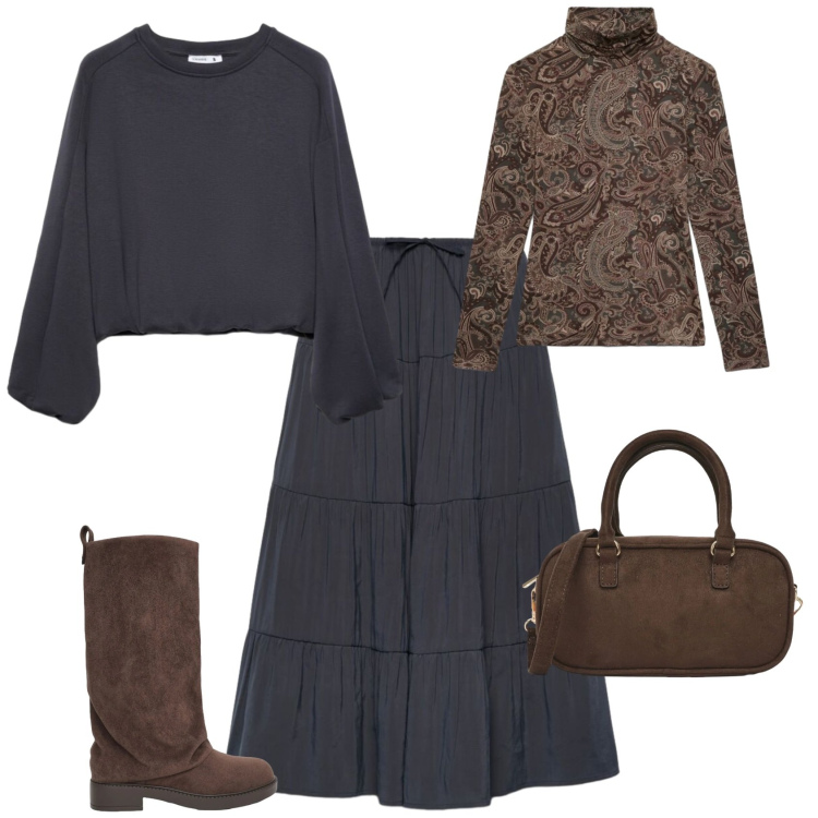Outfit donna - Casual chic autunno ufficio tempo libero. Stile Casual chic per Tutti i giorni. Abbinamento con t-shirt, gonne lunghe, felpe, borse a tracolla, stivali.