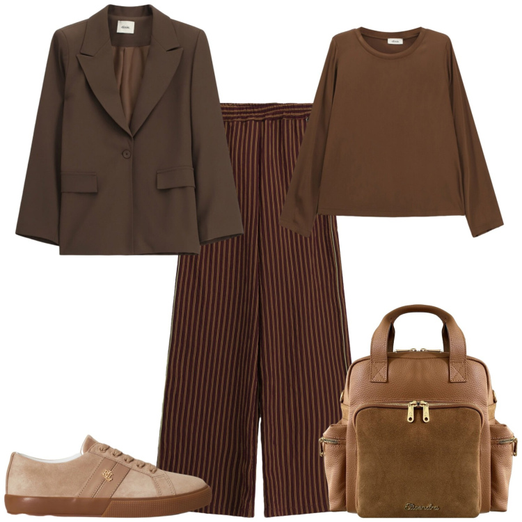 Outfit donna - Casual chic ufficio tempo libero. Stile Casual chic per Tutti i giorni. Abbinamento con pantaloni a palazzo, blazer, t-shirt, zaini, sneakers.