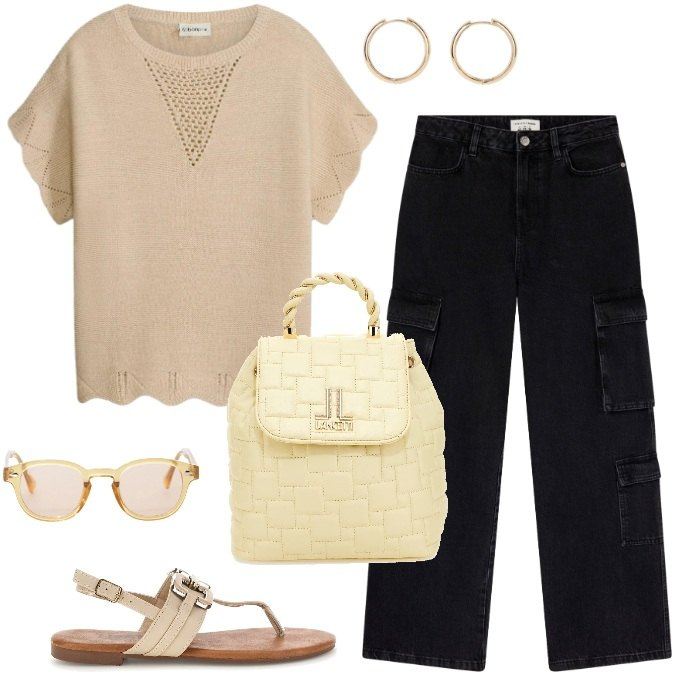 Outfit donna - Comfort Fit Moderno-praticità quotidiana. Stile Urban per Tutti i giorni. Abbinamento con maglieria, orecchini, occhiali da sole, jeans, zaini, sandali.