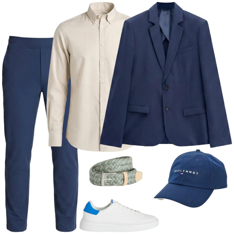 Outfit uomo - Blu rilassato. Stile Trendy per Ufficio. Abbinamento con sneakers, camicie, cinture, giacche, cappelli con visiera, pantaloni.