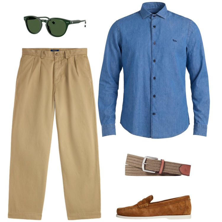 Outfit uomo - Classici comodi. Stile Casual per Tutti i giorni. Abbinamento con camicie, cinture, scarpe stringate, occhiali da sole, pantaloni chino.