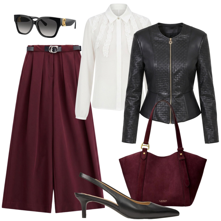 Outfit donna - Nuovi dettagli per l’autunno. Stile Glamour per Ufficio. Abbinamento con pantaloni a palazzo, giacche, camicie, occhiali da sole, borse tote, décolleté.