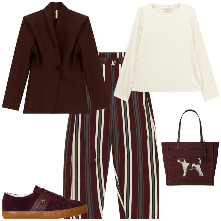 Outfit donna - Casual chic ufficio tempo libero. Stile Casual chic per Tutti i giorni. Abbinamento con blazer, pantaloni, t-shirt, sneakers, borse tote.