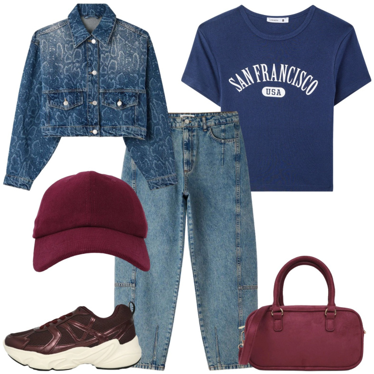 Outfit donna - Sporty. Stile Casual per Tutti i giorni. Abbinamento con t-shirt, jeans, sneakers, borse a tracolla, cappotti, cappelli con visiera.
