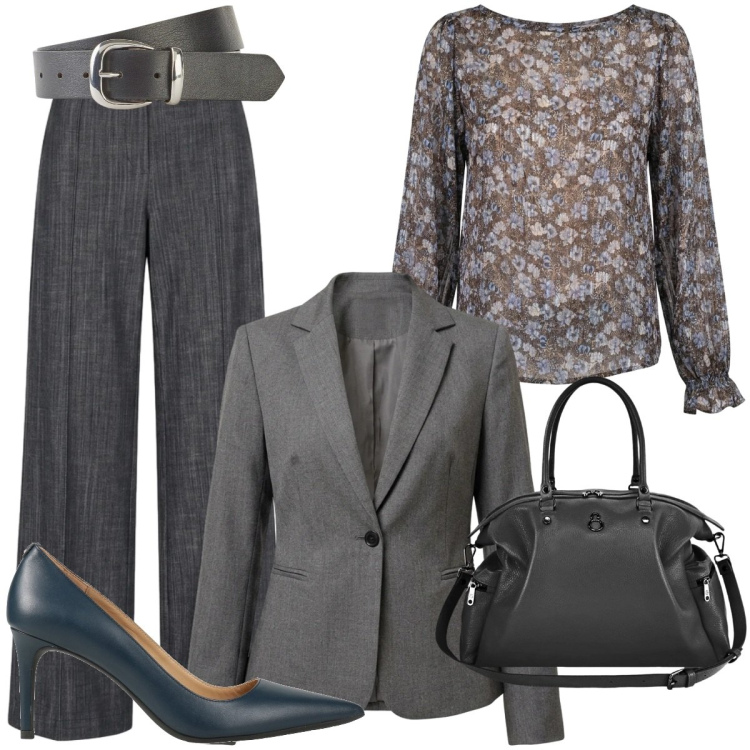 Outfit donna - Appuntamento formale. Stile Casual chic per Ufficio. Abbinamento con décolleté, cinture, shopping bag, bluse, jeans, blazer.